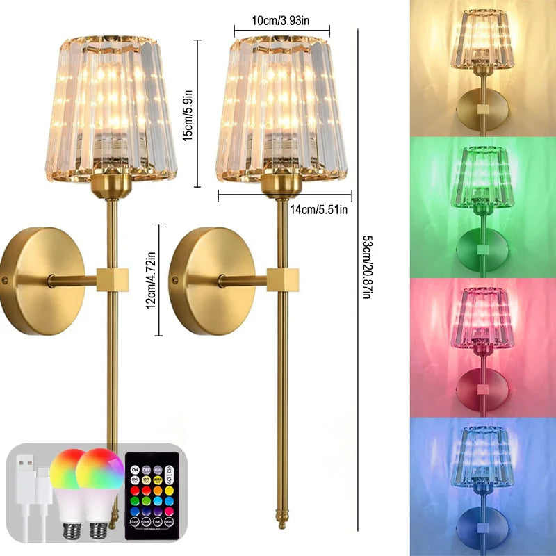 Wall-mounted light fixture with RGB LED bulbs and remote control, showing dimensions and color-changing effects.
