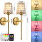 Wall-mounted light fixture with RGB LED bulbs and remote control, showing dimensions and color-changing effects.