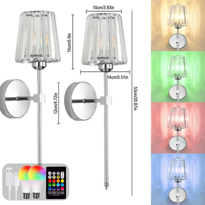 Wall-mounted lamp with dimensions and color-changing light bulbs on a white background