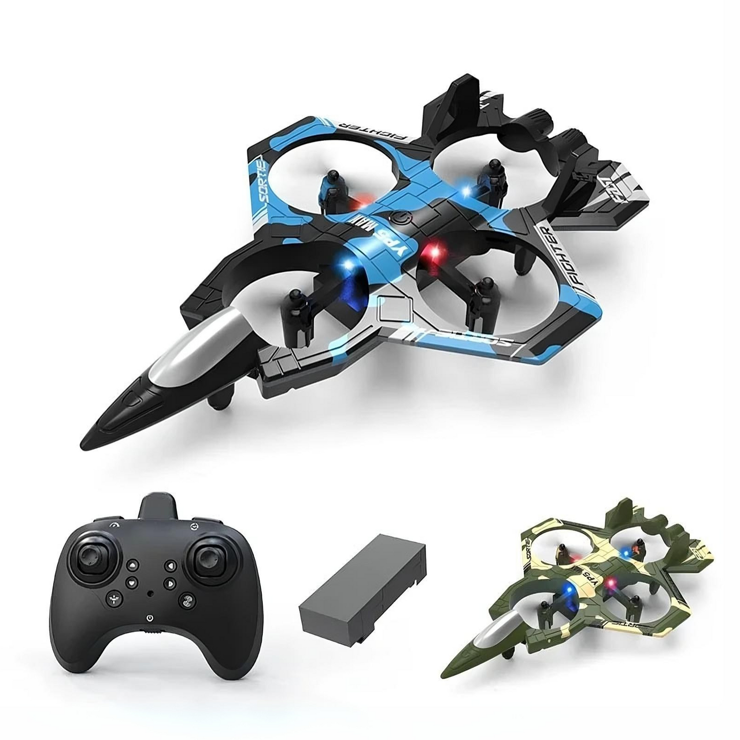 Two drones and a remote control on a white background