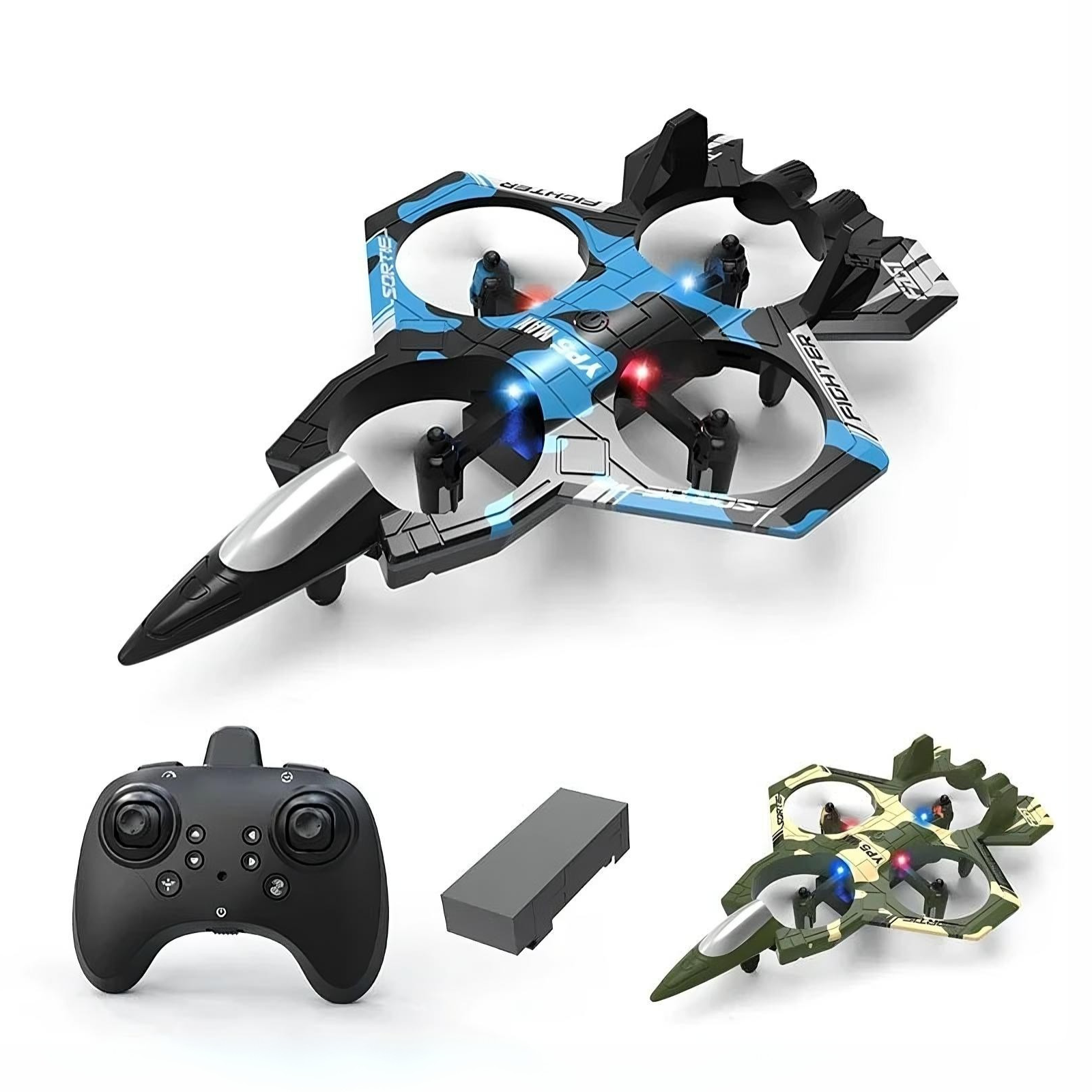 Two drones and a remote control on a white background